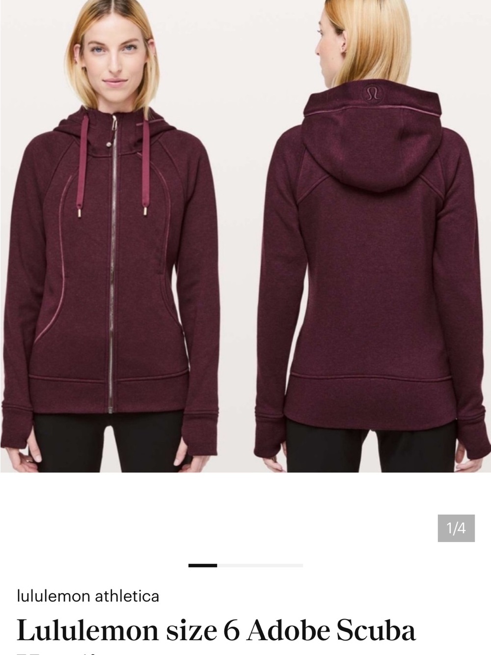 lululemon athletica Adobe Scuba Full‑Zip Hoodie in Burgundy size 4
